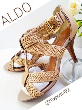 ALDO🍂Boho Tan Braided Leather Strappy Open Toe Heels Sandals